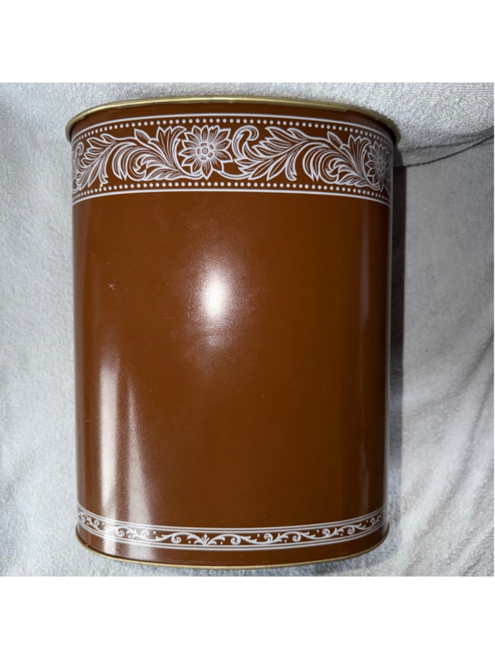 EUC Vintage Floral Metal Waste Basket Trash Can Brown Gray MCM Retro